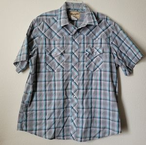 Vintage Wrangler Pearl Snap Short Sleeve Shirt Blue Grey Plaid Button Up
